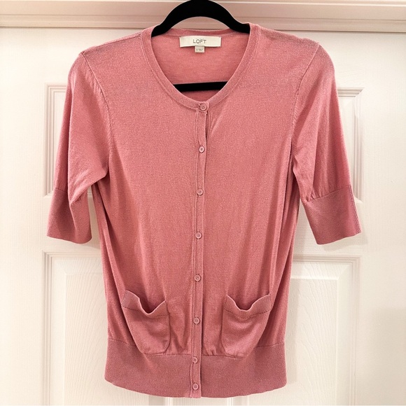 Loft Short Sleeve Crew Neck Cardigan Sweater Blush Pink sz Small - Picture 1 of 4